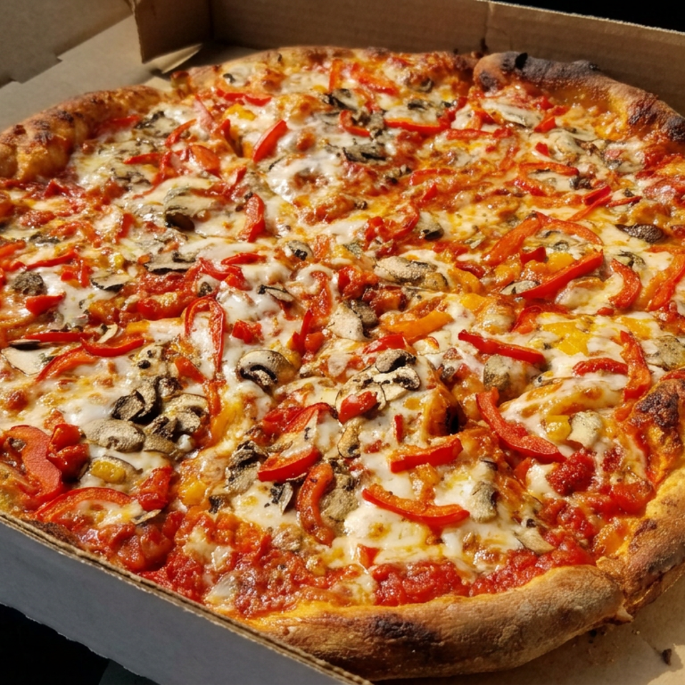 Large freshly baked pizza topped with melted cheese, mushrooms, and red peppers in an open cardboard delivery box.