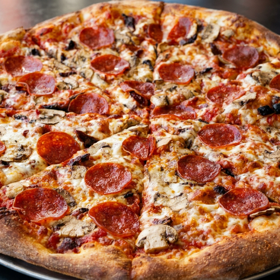 Large pepperoni and mushroom pizza with melted cheese and a golden crust on a metal serving tray.