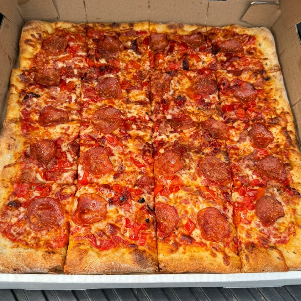 Rectangular pepperoni pizza with melted cheese and diced peppers, cut into squares inside an open cardboard box.