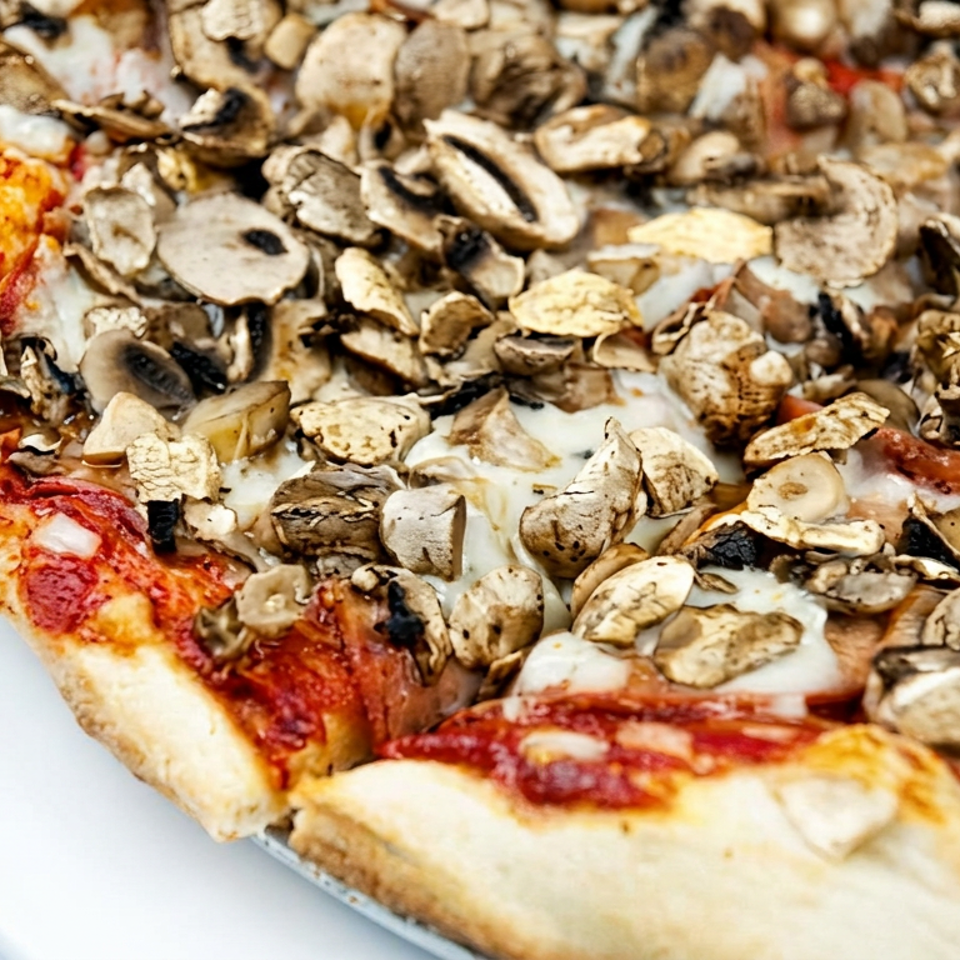 Close-up of a mushroom and pepperoni pizza with melted cheese and tomato sauce on a white plate.