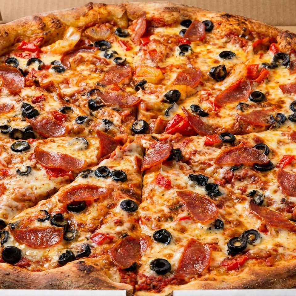 Large sliced pepperoni pizza topped with black olives and red peppers in an open cardboard box.