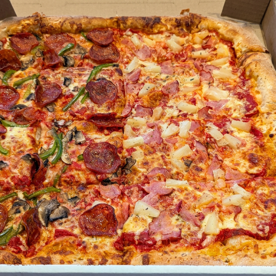 Large rectangular pizza in an open box, half topped with pepperoni, mushrooms, and peppers, half with ham and pineapple.